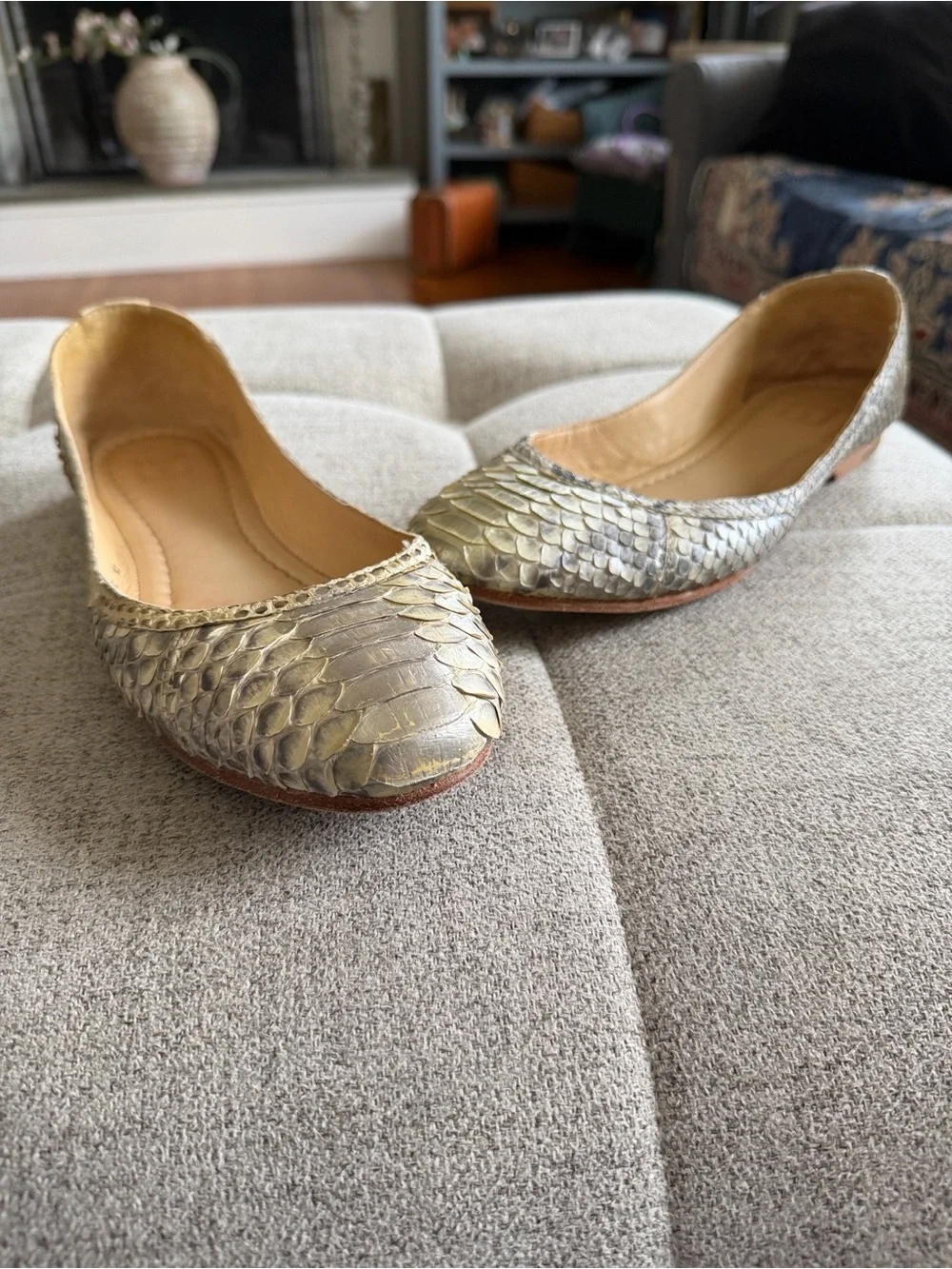 Frye Snake Embossed Gold Ballet Flats Leather Slip-On Size 10